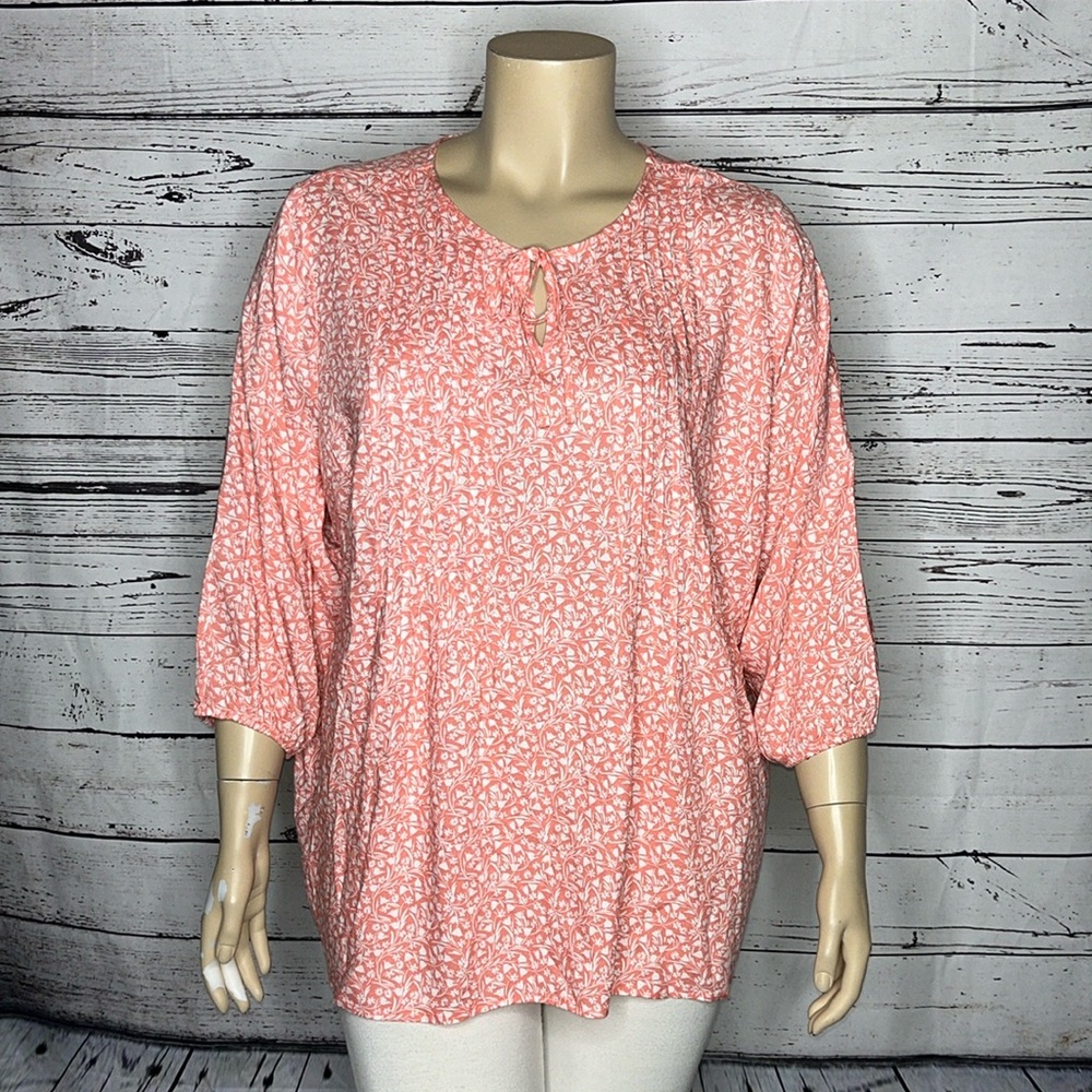 Croft & Barrow NWT Women’s Plus Size 2X Pink & White Floral Peasant Shirt Top